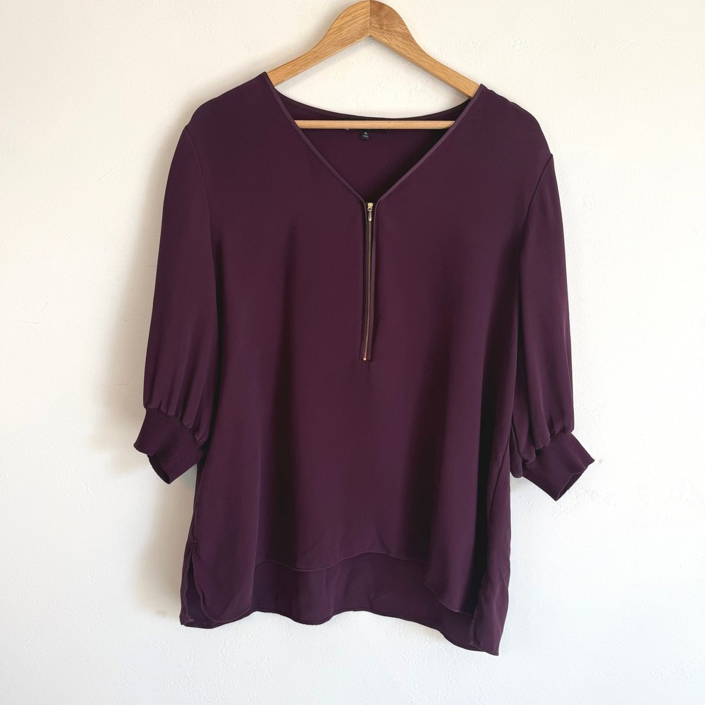 Lafayette 148 100% Silk Blouse Plum Zip V-Neck Quiet Luxury Office Top XL Petite
